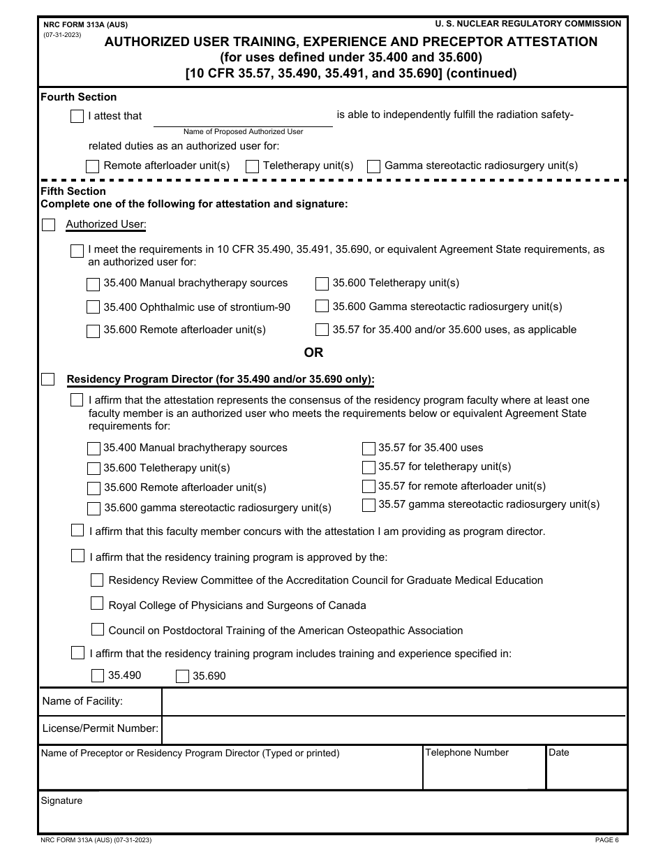 NRC Form 313A (AUS) Authorized User Training, Experience and Preceptor Attestation (For Uses Defined Under 35.400 and 35.600), Page 6