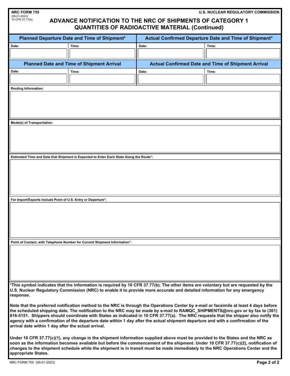 NRC Form 755 Advance Notification to the NRC of Shipments of Category 1 Quantities of Radioactive Material, Page 2