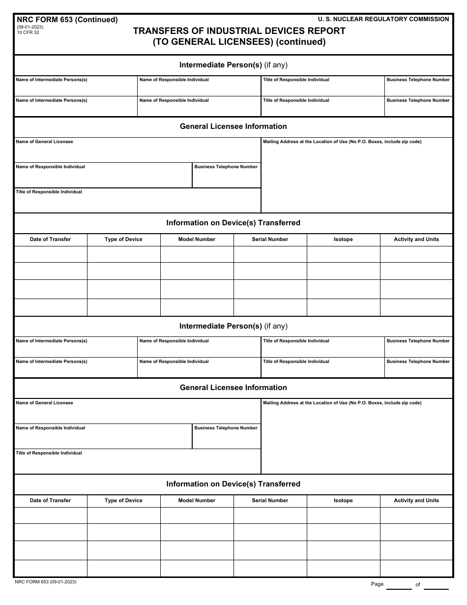 NRC Form 653 Transfers of Industrial Devices Report (To General Licensees), Page 3
