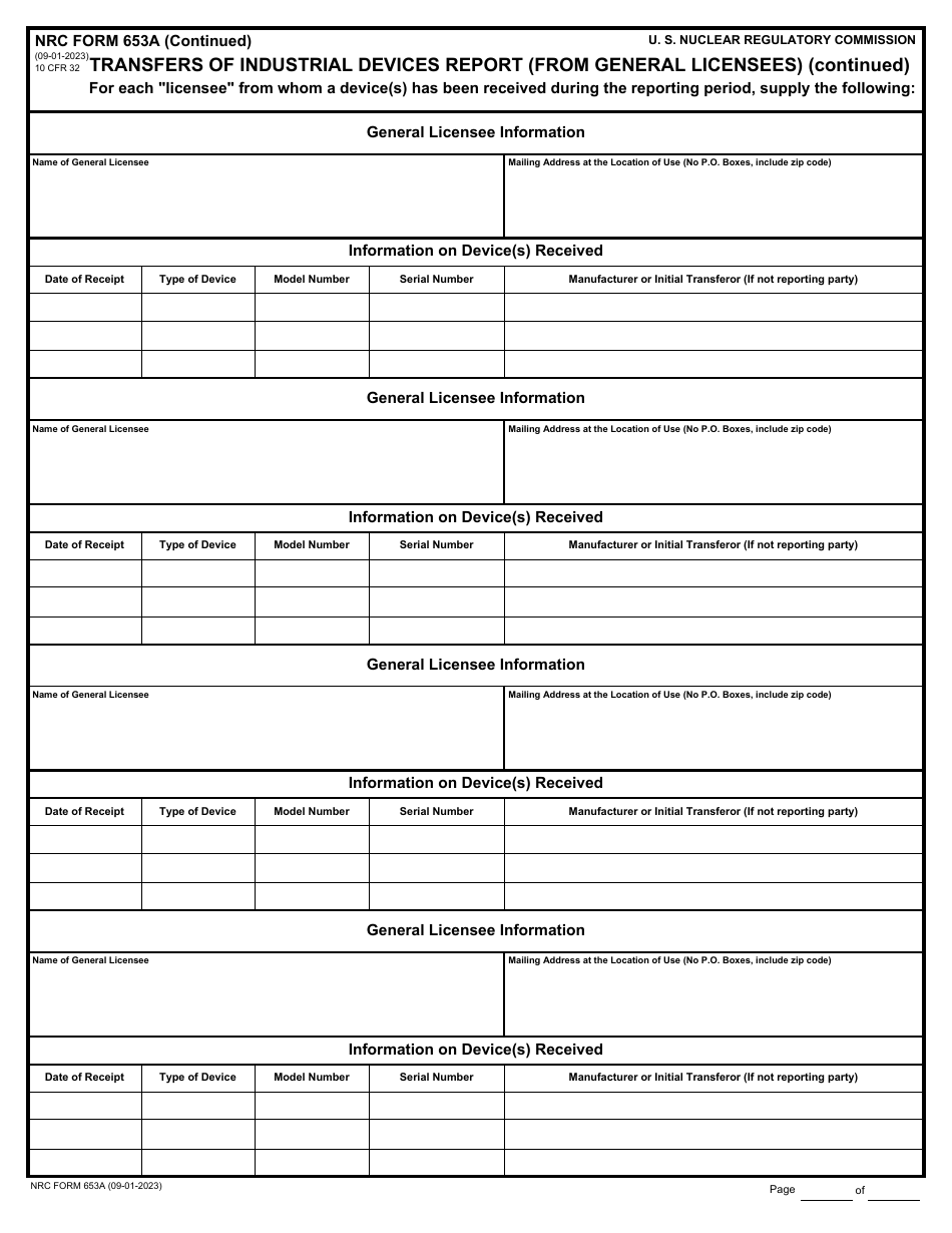 NRC Form 653 Transfers of Industrial Devices Report (To General Licensees), Page 5