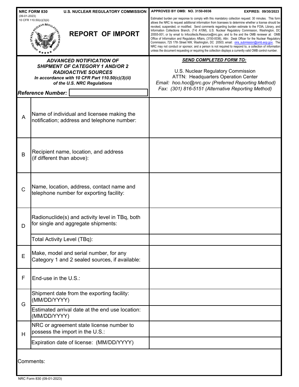NRC Form 830 Report of Import, Page 1