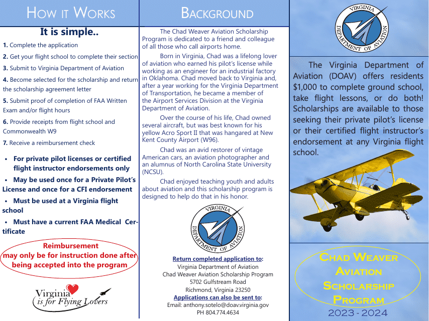 Chad Weaver Aviation Scholarship Program Application - Virginia Download Pdf