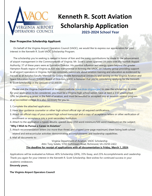 Kenneth R. Scott Aviation Scholarship Program Application - Virginia Download Pdf