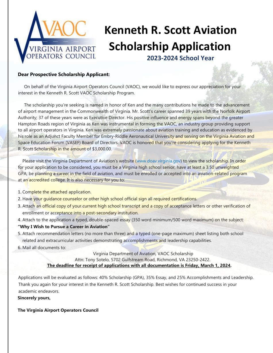 2024 Virginia R. Scott Aviation Scholarship Program Application