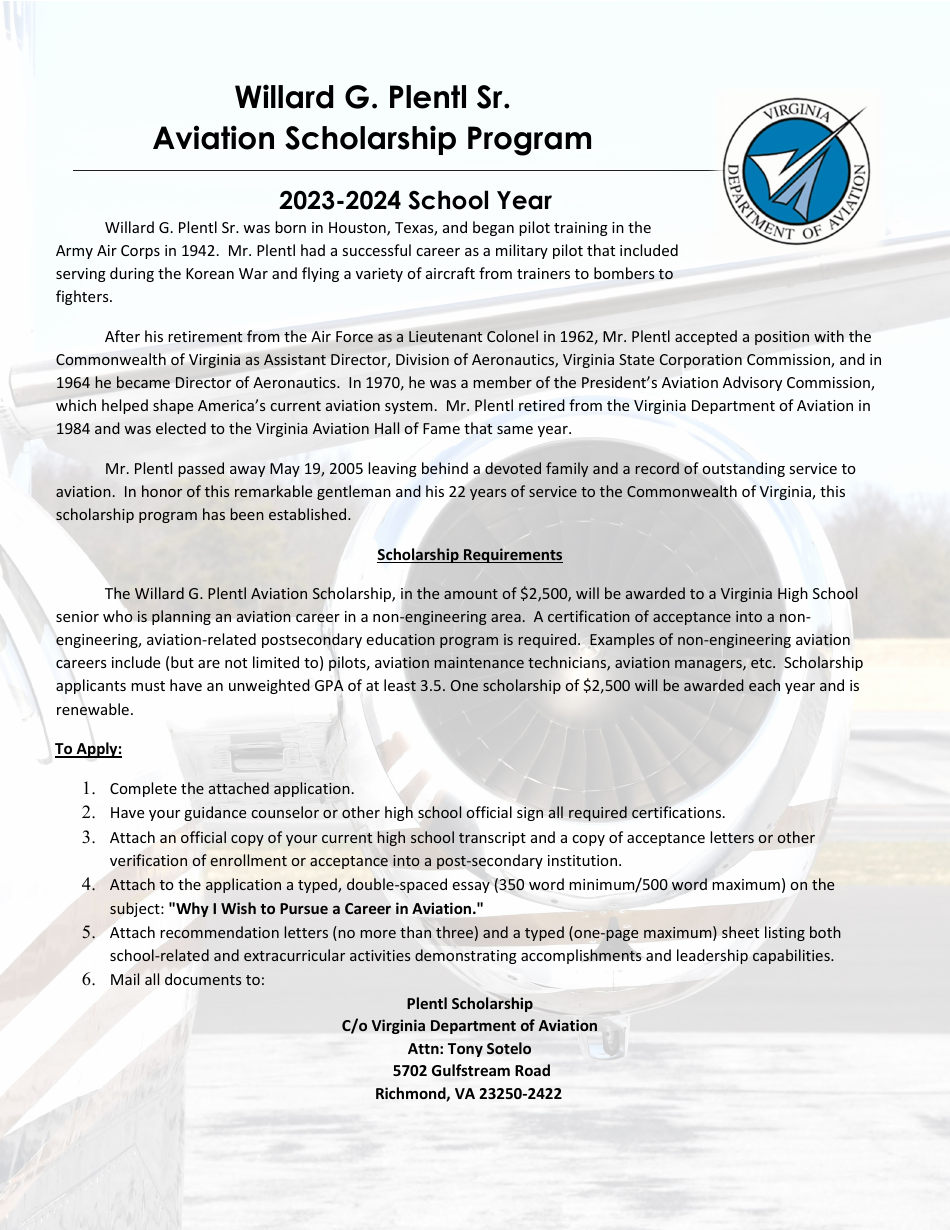 Willard G. Plentl Sr. Aviation Scholarship Program Application - Virginia, Page 1