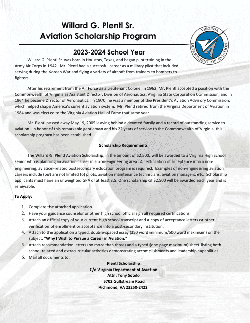Willard G. Plentl Sr. Aviation Scholarship Program Application - Virginia Download Pdf