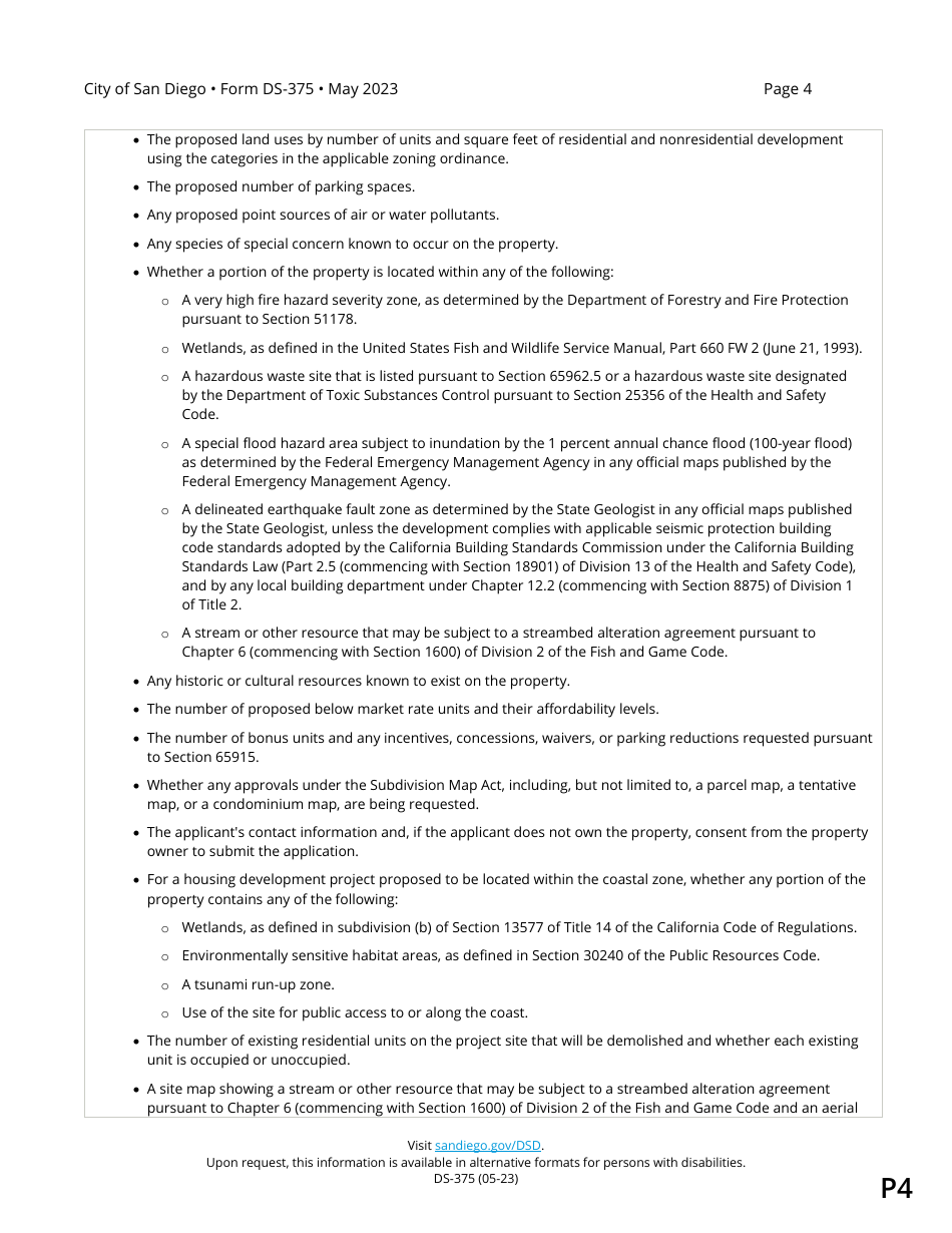 Form DS-375 Preliminary Review Questionnaire - City of San Diego, California, Page 4