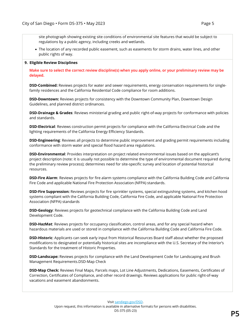 Form DS-375 Preliminary Review Questionnaire - City of San Diego, California, Page 5