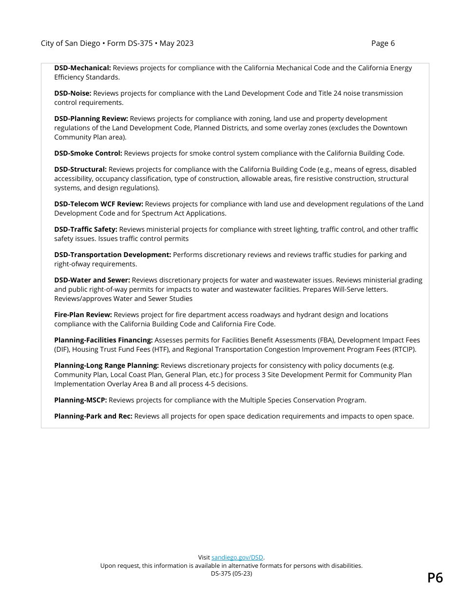 Form DS-375 Preliminary Review Questionnaire - City of San Diego, California, Page 6