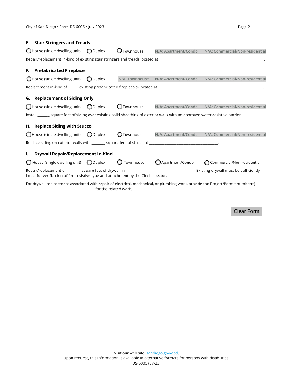 Form DS-6005 No-Plan Building Permit - City of San Diego, California, Page 2