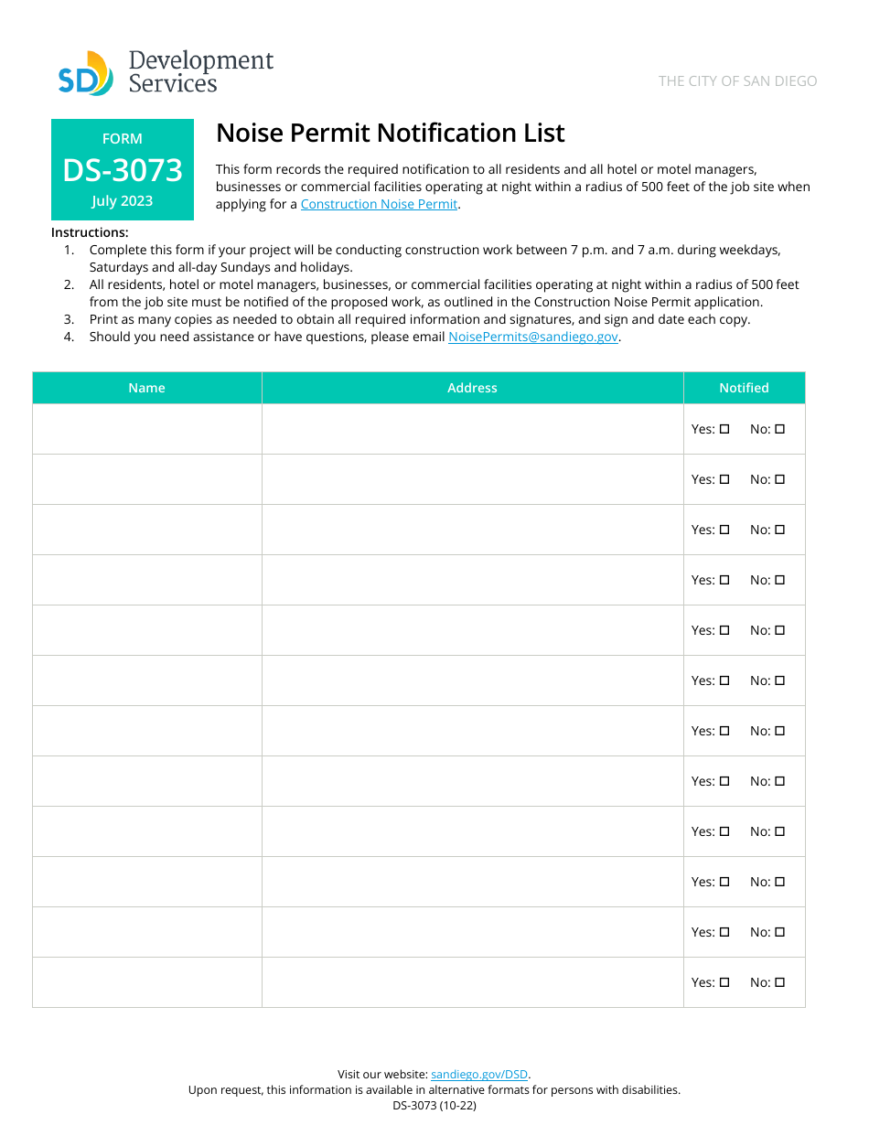 Form DS-3073 Noise Permit Notification List - City of San Diego, California, Page 1