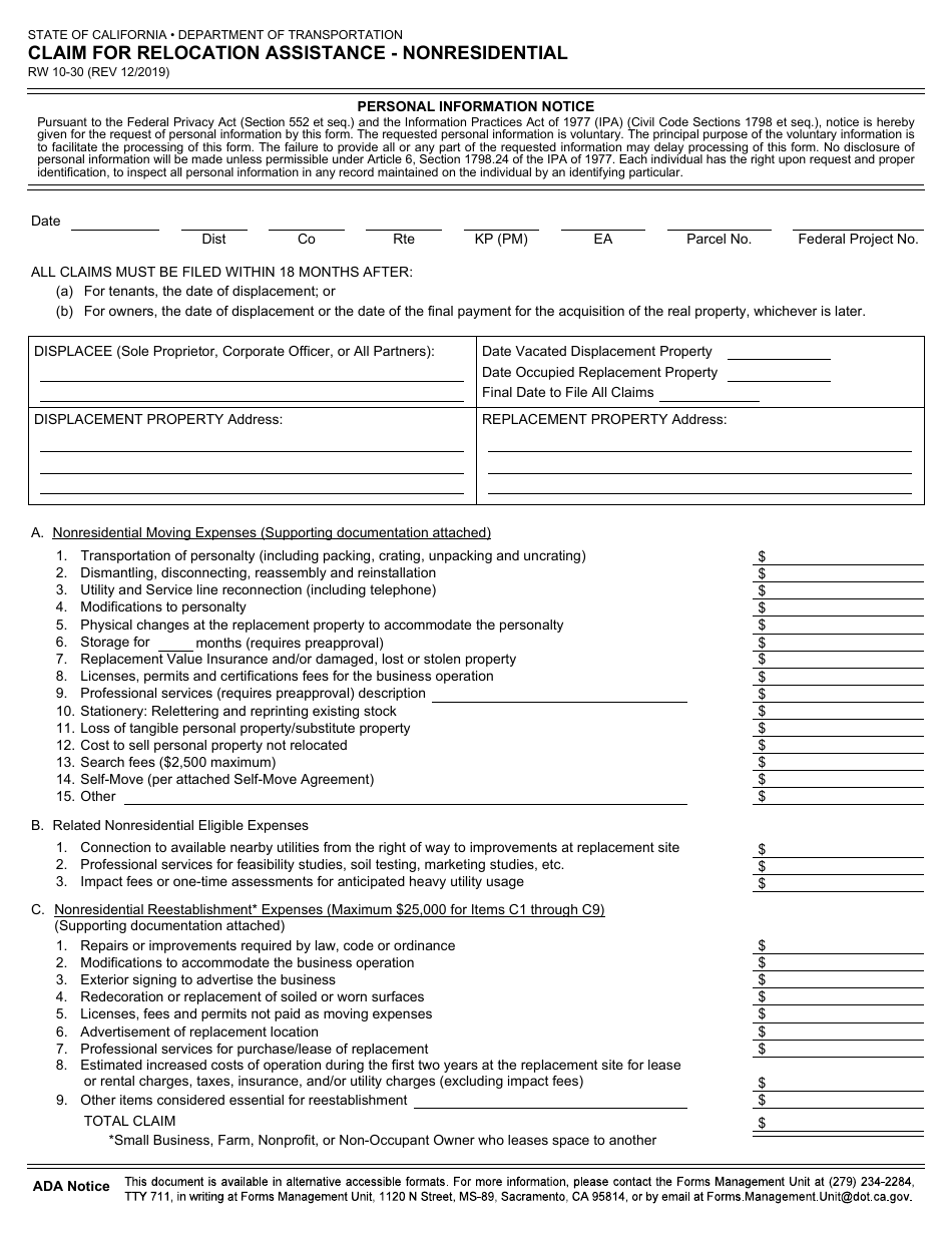 Form RW10-30 Claim for Relocation Assistance - Nonresidential - California, Page 1