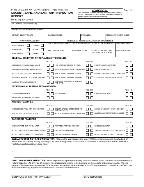 Form RW10-40 Decent, Safe, and Sanitary Inspection Report - California