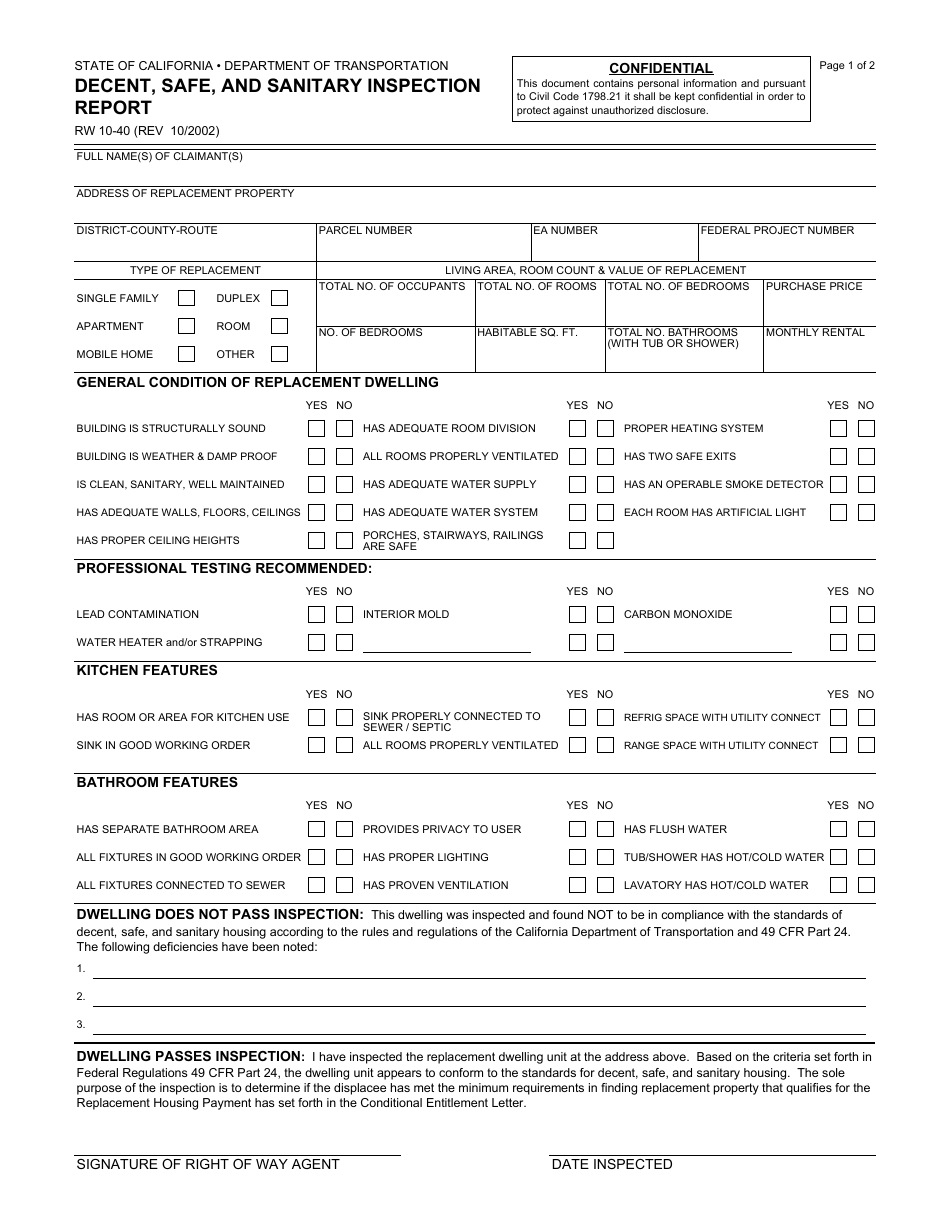 Form RW10-40 Decent, Safe, and Sanitary Inspection Report - California, Page 1