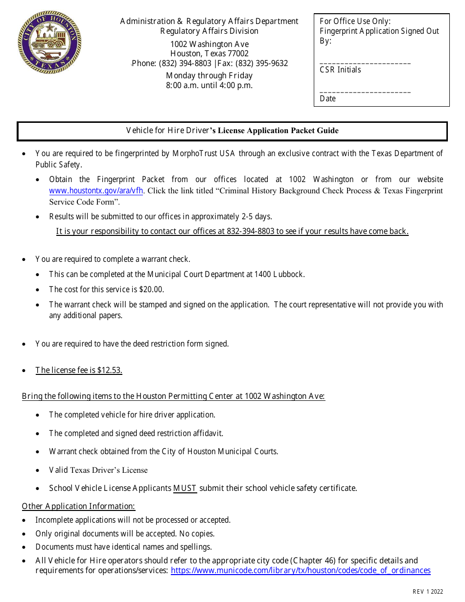 Vehicle-For-Hire Drivers License Application - City of Houston, Texas, Page 1