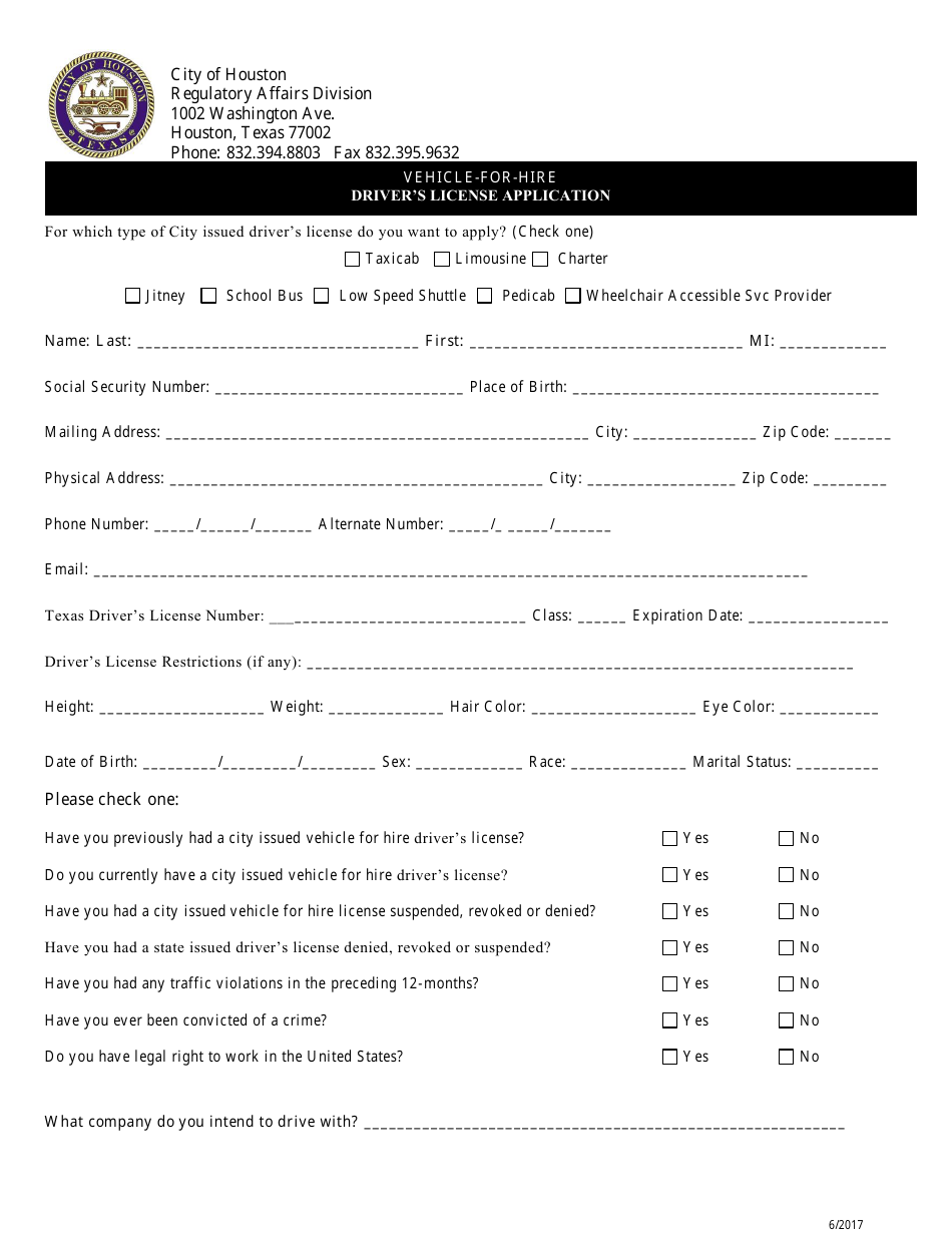 Vehicle-For-Hire Drivers License Application - City of Houston, Texas, Page 2