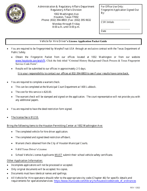 Vehicle-For-Hire Driver's License Application - City of Houston, Texas Download Pdf