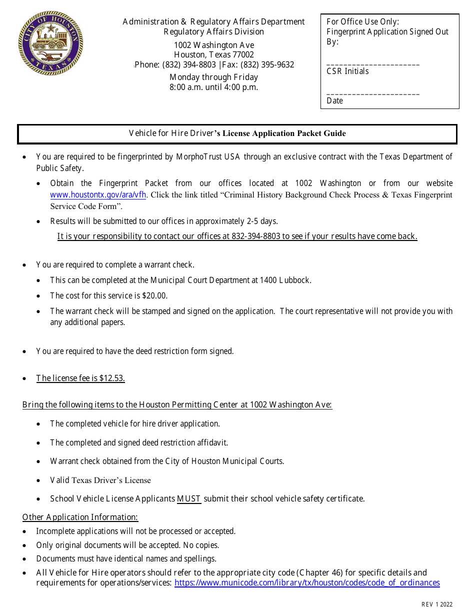 City of Houston, Texas Vehicle-For-Hire Driver's License Application ...
