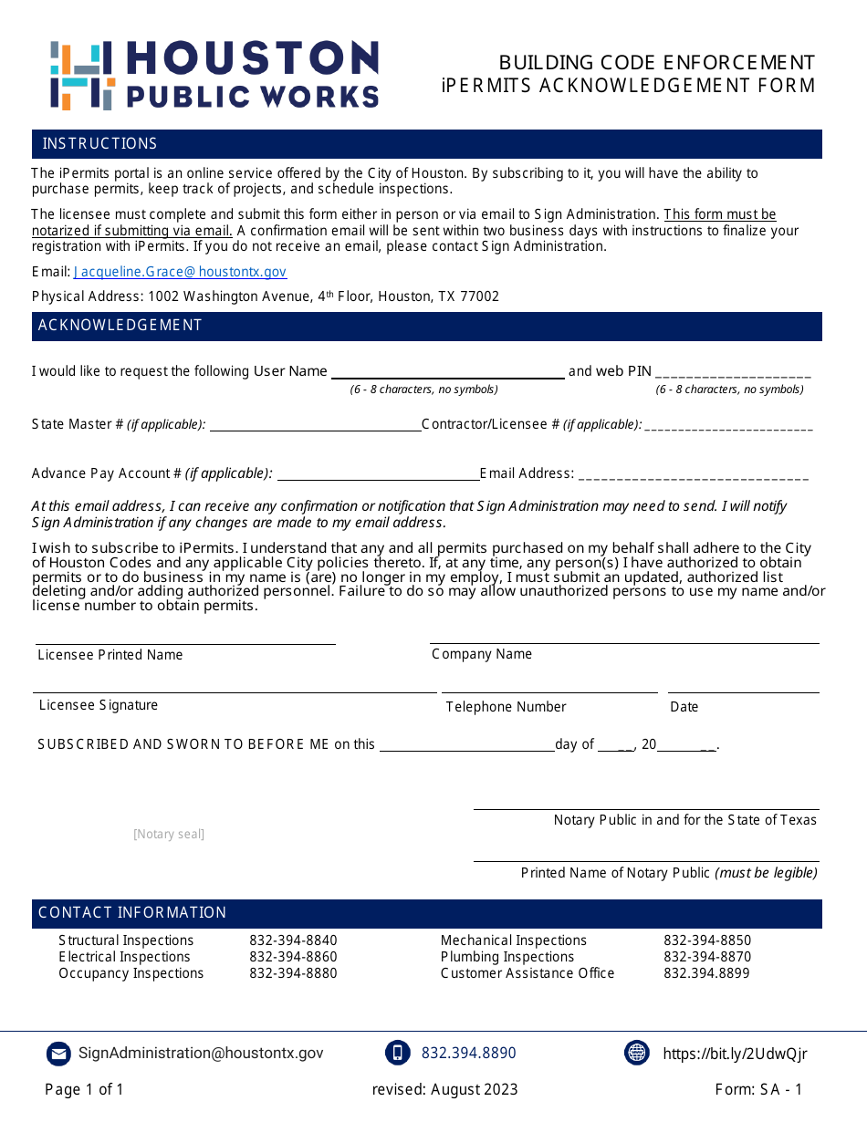 Form SA-1 Ipermits Acknowledgement Form for Sign Administration - City of Houston, Texas, Page 1