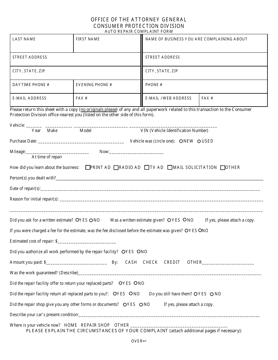 Auto Repair Complaint Form - Maryland, Page 1