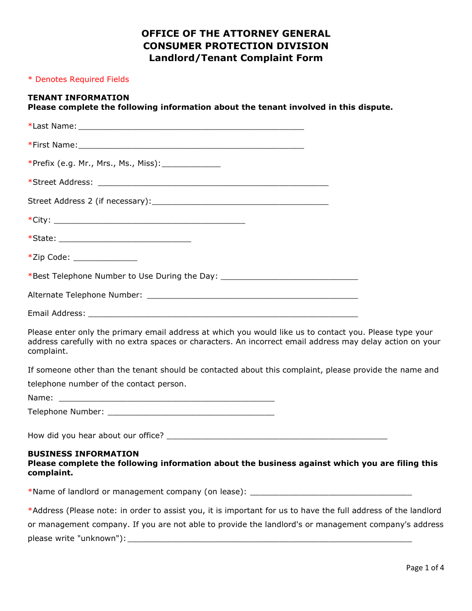Landlord / Tenant Complaint Form - Maryland, Page 1