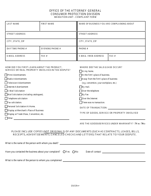 Mediation Unit - Complaint Form - Maryland