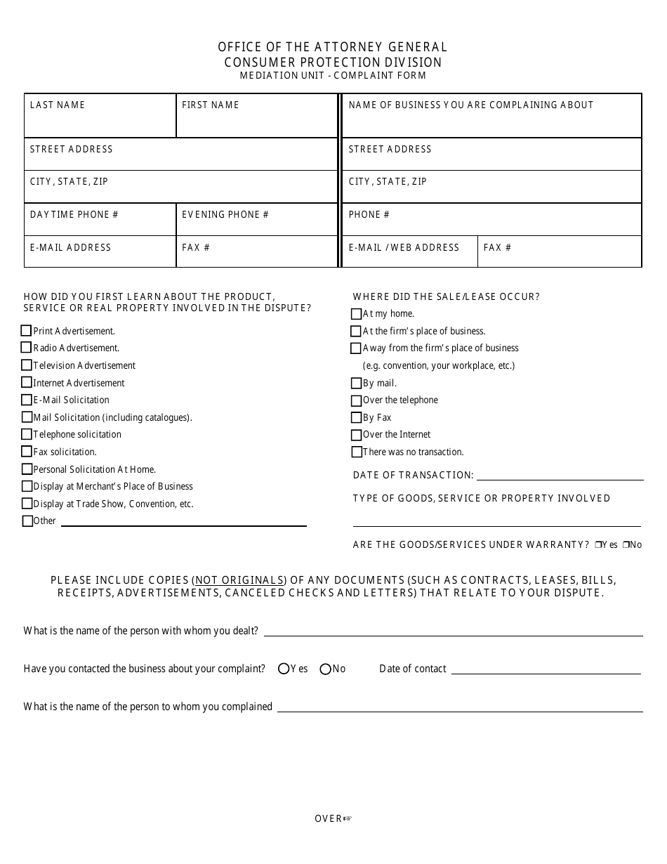 Mediation Unit - Complaint Form - Maryland, Page 1
