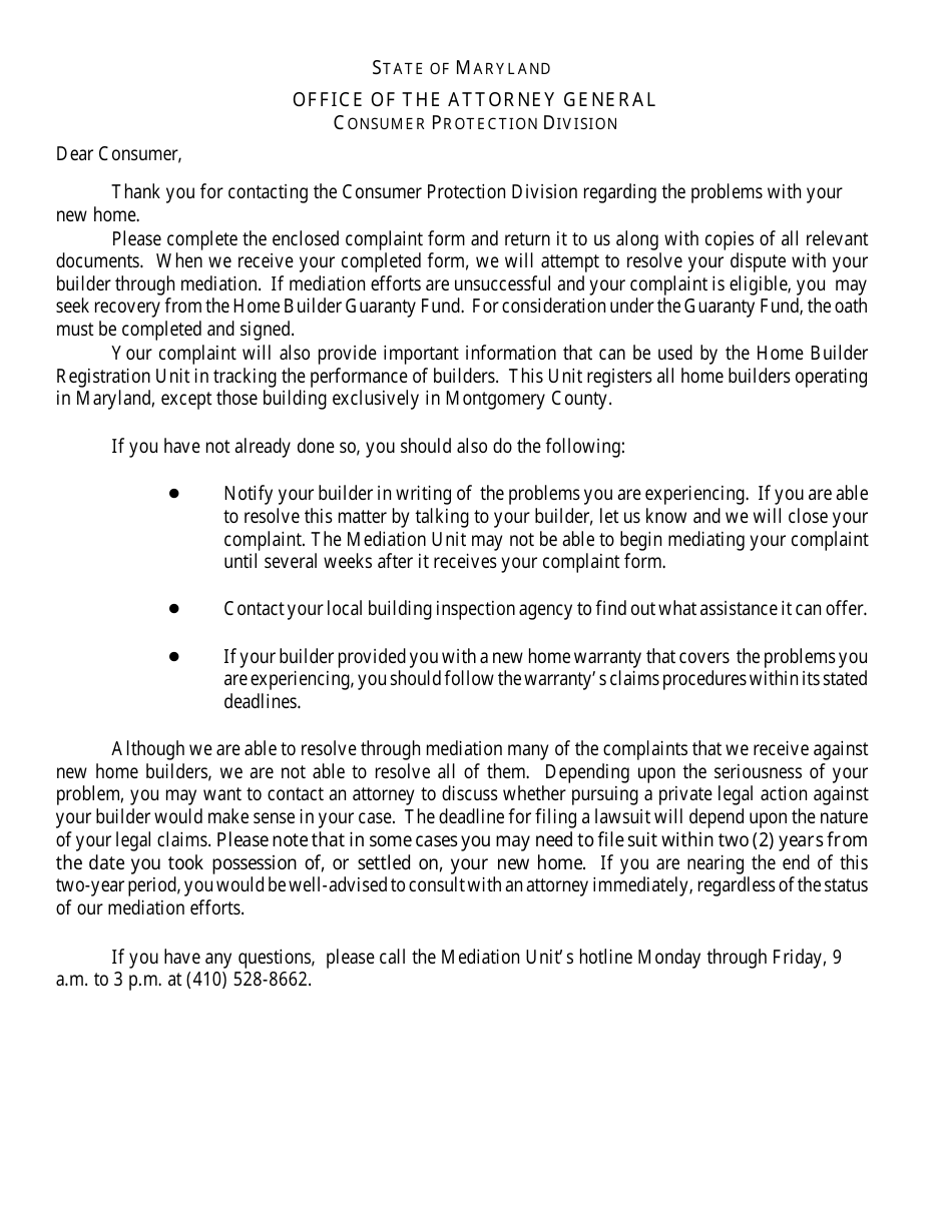 Maryland New Home Complaint and Guaranty Fund Claim Submission Form Fill Out, Sign Online and
