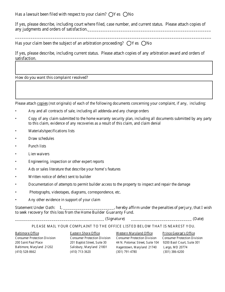 New Home Complaint and Guaranty Fund Claim Submission Form - Maryland, Page 5