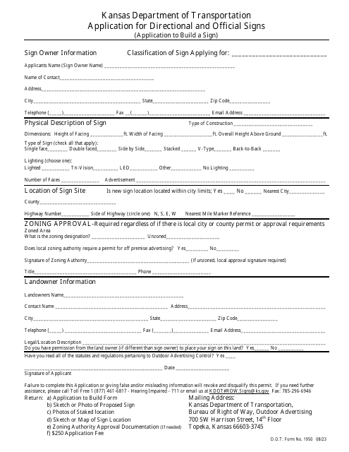 DOT Form 1950 Application for Directional and Official Signs - Kansas