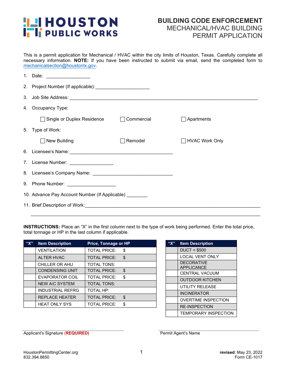 Form CE-1017 Mechanical / HVAC Building Permit Application - City of Houston, Texas, Page 1