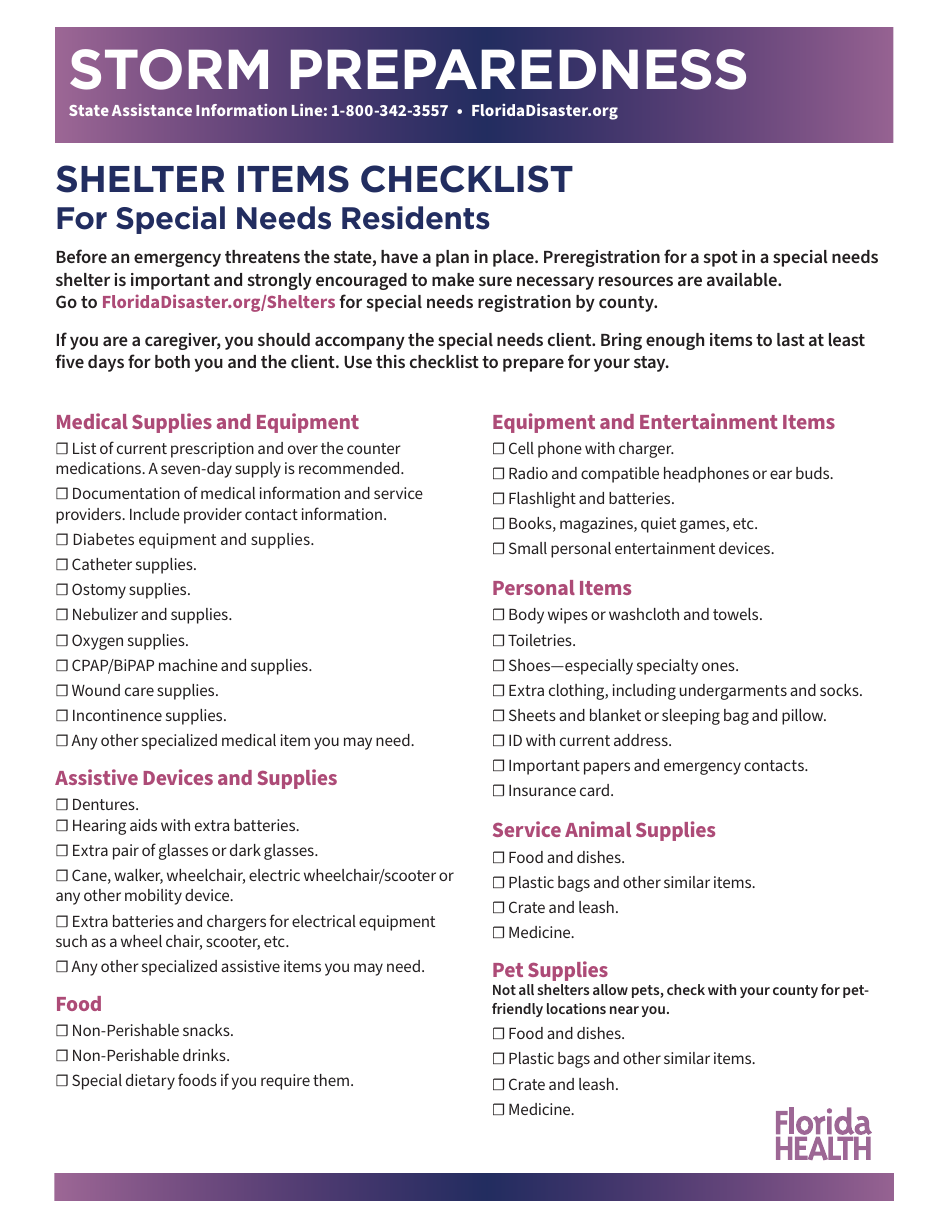 Shelter Items Checklist for Special Needs Residents - Storm Preparedness - Florida, Page 1