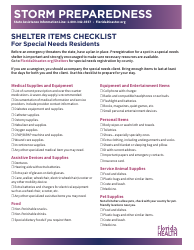 Document preview: Shelter Items Checklist for Special Needs Residents - Storm Preparedness - Florida