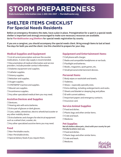 Shelter Items Checklist for Special Needs Residents - Storm Preparedness - Florida Download Pdf