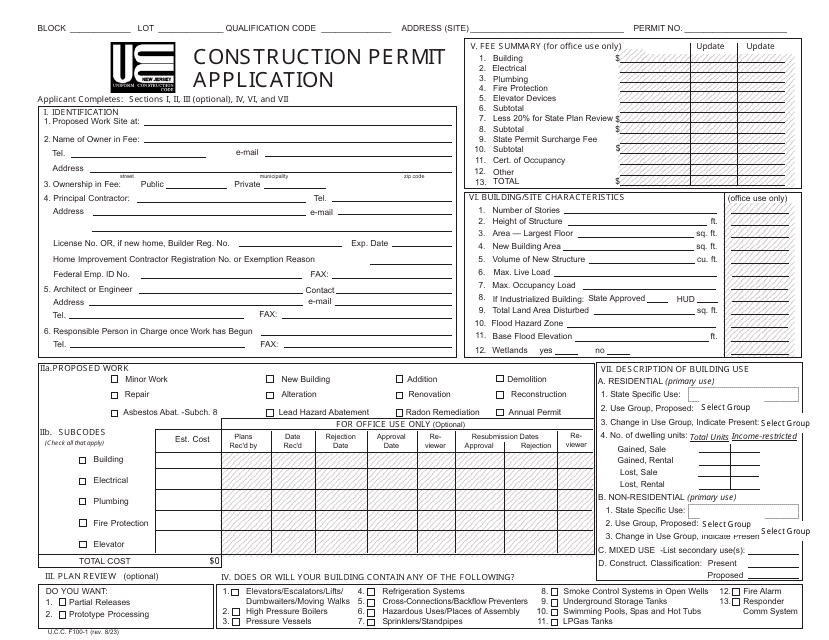 Form F100 Construction Permit Application - New Jersey