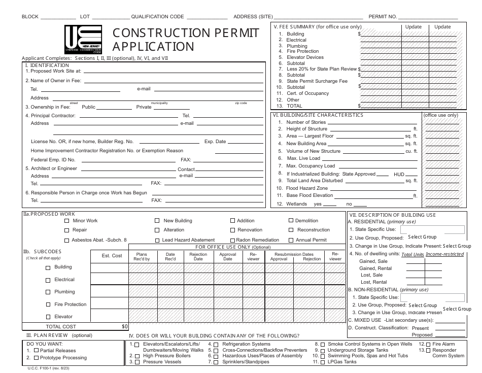 Form F100 Construction Permit Application - New Jersey, Page 1