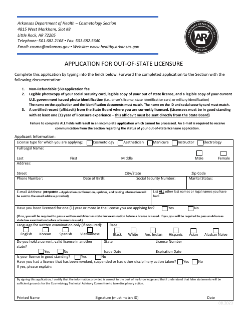 Application for Out-of-State Licensure - Cosmetology - Arkansas Download Pdf