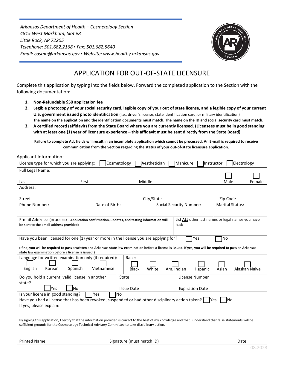 Arkansas Application For Out Of State Licensure Cosmetology Fill Out Sign Online And 4702