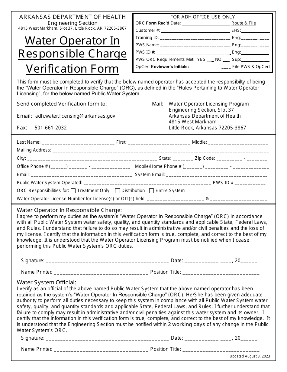 Water Operator in Responsible Charge Verification Form - Arkansas, Page 1