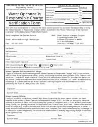 Document preview: Water Operator in Responsible Charge Verification Form - Arkansas
