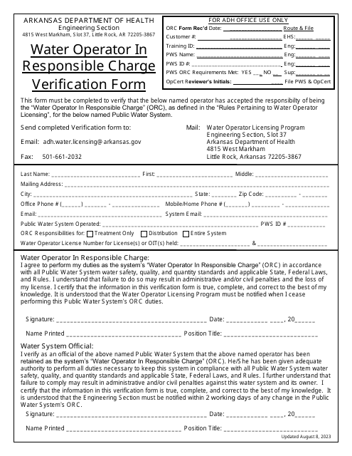 Water Operator in Responsible Charge Verification Form - Arkansas