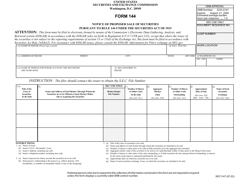 Form 144 (SEC Form 1147) Notice of Proposed Sale of Securities Pursuant to Rule 144 Under the Securities Act of 1933