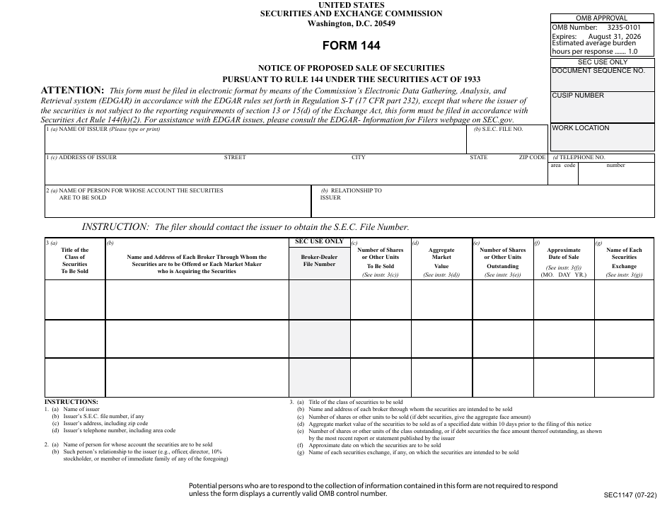 Form 144 (SEC Form 1147) Notice of Proposed Sale of Securities Pursuant to Rule 144 Under the Securities Act of 1933, Page 1