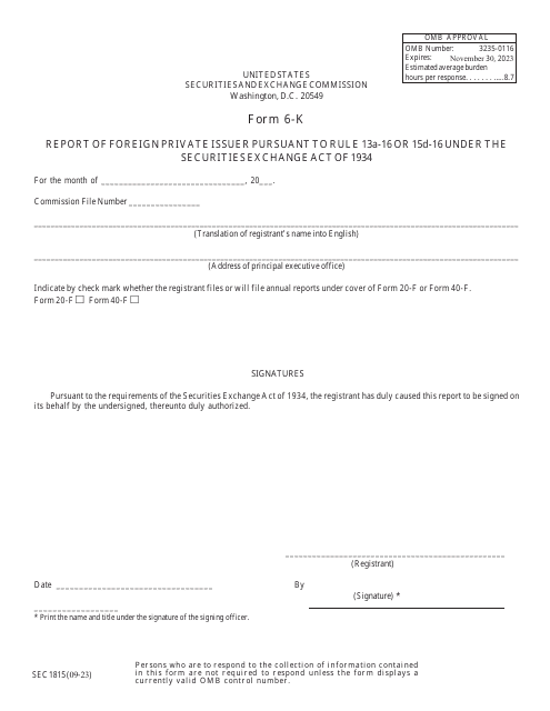 Form 6-K (SEC Form 1815)  Printable Pdf