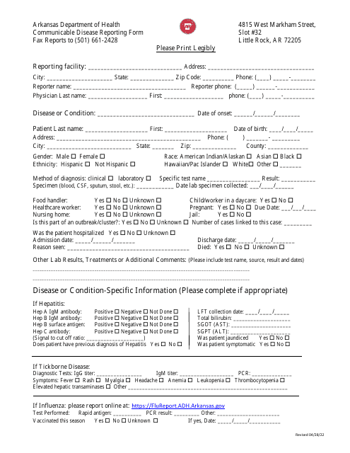 Communicable Disease Reporting Form - Arkansas Download Pdf