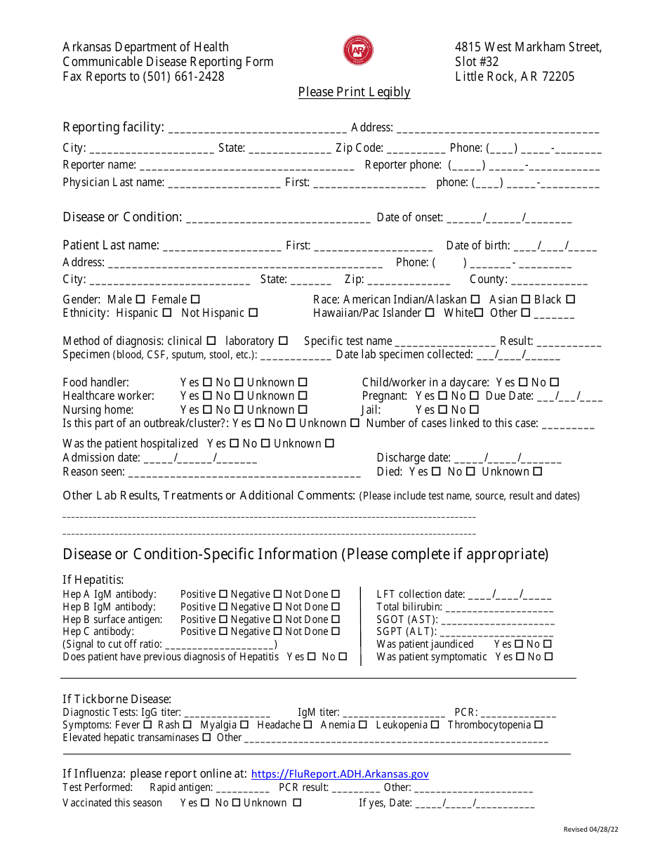 Communicable Disease Reporting Form - Arkansas, Page 1