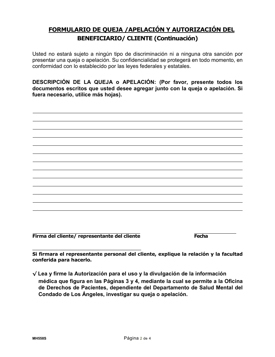 Formulario MH558S Formulario De Queja O Apelacion Y Autorizacion Del Beneficiario / Cliente - County of Los Angeles, California (Spanish), Page 2