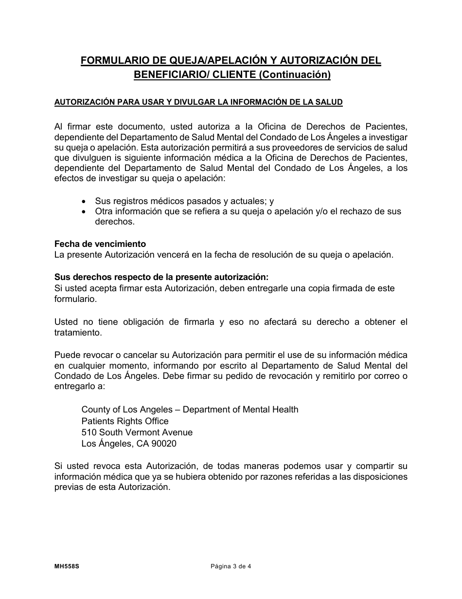 Formulario MH558S Formulario De Queja O Apelacion Y Autorizacion Del Beneficiario / Cliente - County of Los Angeles, California (Spanish), Page 3