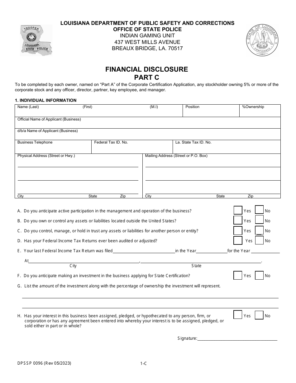 Form DPSSP0096 Part C Corporate Certification Application - Financial Disclosure - Louisiana, Page 5