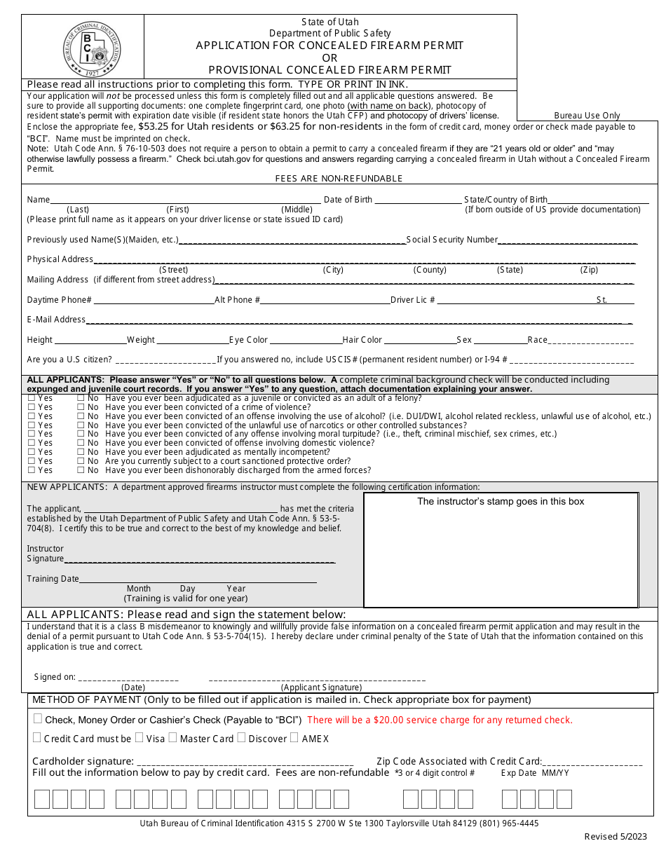 Application for Concealed Firearm Permit or Provisional Concealed Firearm Permit - Utah, Page 2